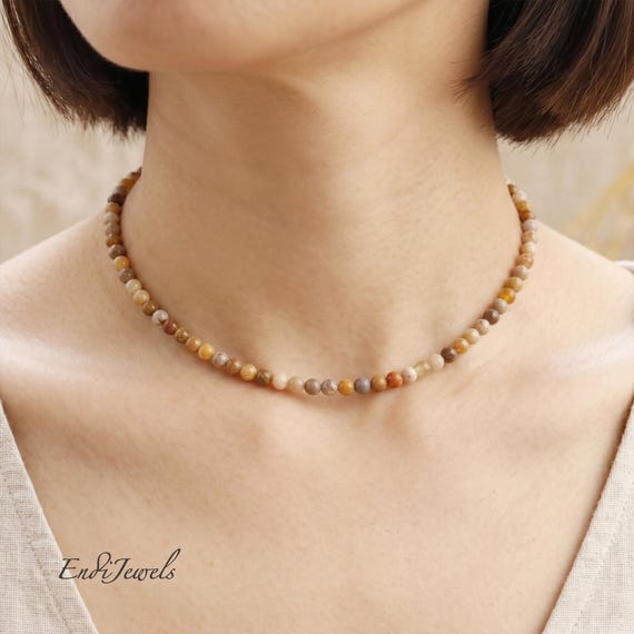 Natural Fossil Coral Beads 4mm Beaded Choker, Stretchy Bracelet, Yellow Gemstone, Chrysanthemum Fossil Stone, Daily Waterproof Necklace