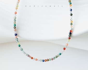 Natural Gemstone Round Beaded Choker, Bracelet, Natural Genuine Gemstone Mixed Beaded Necklace, Colorful Beads, Gift for Her