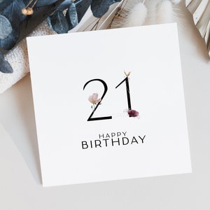 Cartão de aniversário de 21 anos Nota floral para impressão Download instantâneo Cartão de feliz aniversário em aquarela Cartão minimalista Arte nórdica Cartão de flores silvestres