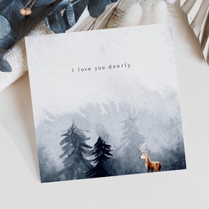 Tarjeta minimalista Te amo ciervo Tarjeta del día de San Valentín Imprimible Descarga instantánea Regalo de último minuto Tarjeta caprichosa Arte nórdico de acuarela 5X5"