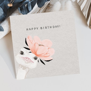 Verjaardagskaart Afdrukbaar Instant download Minimalistische kaart Lastminutecadeau Grappige kaart Voor haar Aquarel struisvogel Dieren met hoeden