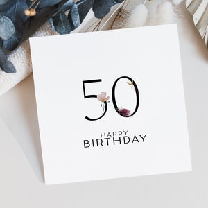 Cartão de aniversário de 50 anos Nota de flores silvestres para impressão Download instantâneo Cartão de feliz aniversário em aquarela Cartão minimalista Arte nórdica Cartão floral
