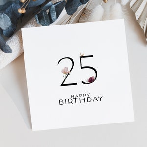 Cartão de aniversário de 25 anos Nota floral para impressão Download instantâneo Cartão de feliz aniversário em aquarela Cartão minimalista Arte nórdica Cartão de flores silvestres