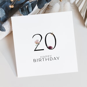 Cartão de aniversário de 20 anos Nota floral para impressão Download instantâneo Cartão de feliz aniversário em aquarela Cartão minimalista Arte nórdica Cartão de flores silvestres