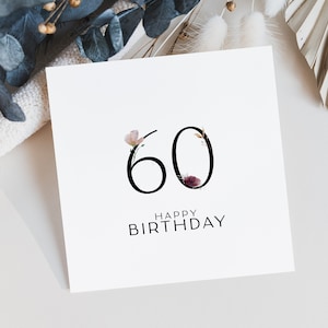 Tarjeta de cumpleaños número 60 Tarjeta con notas florales Imprimible Descarga instantánea Tarjeta de feliz cumpleaños en acuarela Tarjeta minimalista Arte nórdico Tarjeta para madre MIL