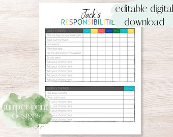 Chore Chart for Kids, Kids Chores, Kids Chore Chart, Responsibility Chart, Chore Chart Printable, Editable Chore Chart, Instant Download