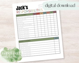 Gráfico de tareas para niños, Tareas para niños, Gráfico de tareas para niños, Gráfico de responsabilidad, Gráfico de tareas imprimible, Gráfico de tareas editable con espacio de recompensas