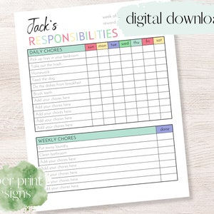 Chore Chart for Kids, Kids Chores, Kids Chore Chart, Responsibility Chart, Chore Chart Printable, Editable Chore Chart With Rewards Space