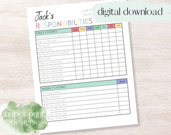 Gráfico de tareas para niños, Tareas para niños, Gráfico de tareas para niños, Gráfico de responsabilidad, Gráfico de tareas imprimible, Gráfico de tareas editable con espacio de recompensas
