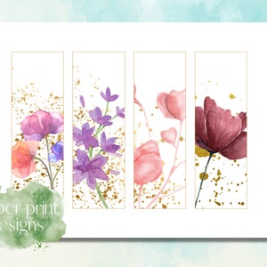 May include: Four printable bookmark designs featuring watercolour flowers with gold accents. The designs include pink, purple, and burgundy flowers.