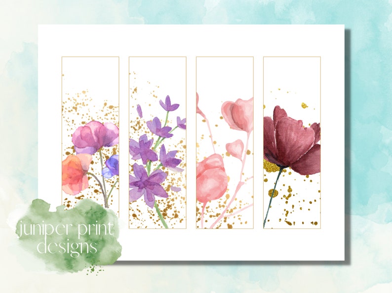May include: Four printable bookmark designs featuring watercolour flowers with gold accents. The designs include pink, purple, and burgundy flowers.