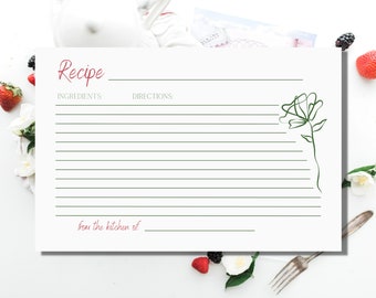Floral Recipe Card Template, Printable Recipe Card for Bridal Shower, Editable Recipe Card Template, Simple Floral Recipe Card Download