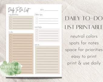 Daily To Do List Printable, Minimalist Productivity Planner, Daily Planner, Daily Schedule, Printable To Do List, Neutral Colors To-Do List