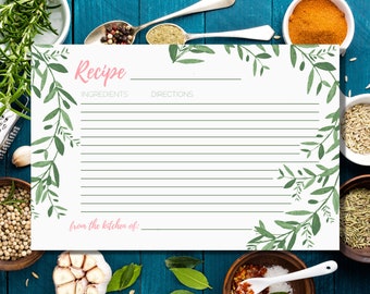 Recipe Card Template, Printable Recipe Card for Bridal Shower, Editable Recipe Card Template, Simple Greenery Recipe Card Download