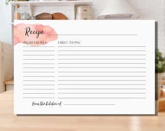 Watercolor Recipe Card Template, Printable Recipe Card for Bridal Shower, Editable Recipe Card Template, Watercolor Recipe Card Download