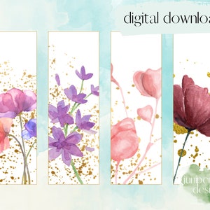 May include: Four printable bookmark designs featuring watercolour flowers with gold accents. The designs include pink, purple, and red flowers with gold splatters on a white background.