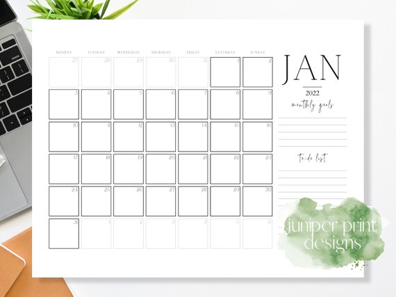 2022 Monthly Calendar Landscape, 2022 Calendar Printable, Printable Calendar,  Minimalist Calendar, Calendar With Goals, Monthly to Do List - Etsy