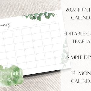 2022 Monthly Calendar Printable, Simple Digital Calendar, Printable Calendar Template, Minimalist Calendar, Year Calendar