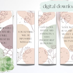 Peut inclure: Ensemble de quatre marque-pages imprimables avec des motifs floraux et des citations inspirantes. Les citations sont : « Chaque fois que j'ai peur, je me confie en toi. » « Car rien n'est impossible à Dieu. » « Dieu est notre refuge et notre force, un secours très présent dans la détresse. » « Ta parole est une lampe à mes pieds et une lumière sur mon sentier. »