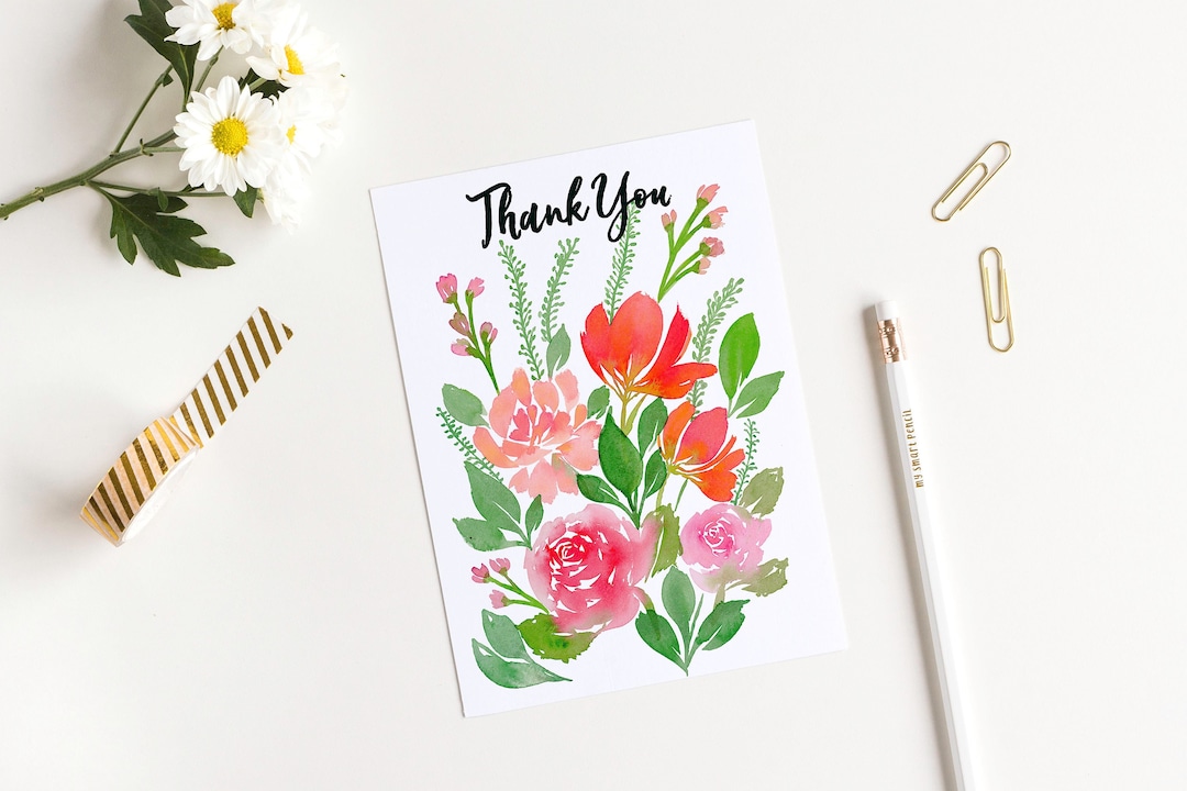 Pink Roses Thank You Card | Watercolour | Digital Download - Etsy