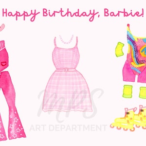 May include: Happy Birthday, Barbie! A pink and white gingham dress, a pink cowboy hat, a pink and white star-patterned pantsuit, a pink and multi-colored swimsuit, and yellow roller skates.