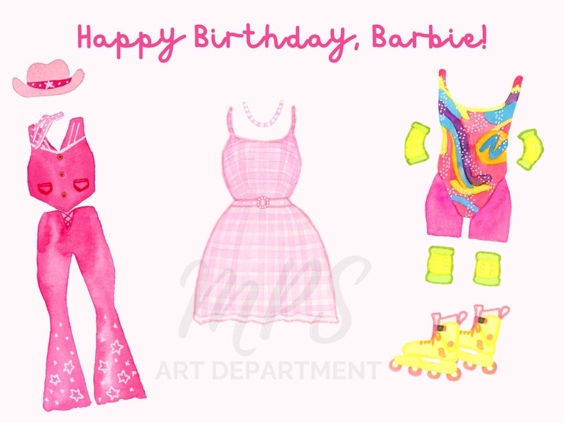 May include: Happy Birthday, Barbie! A pink and white gingham dress, a pink cowboy hat, a pink and white star-patterned pantsuit, a pink and multi-colored swimsuit, and yellow roller skates.