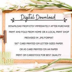 May include: A white clipboard with a cork backing and a white sheet of paper with the text "Digital Download" and instructions for downloading and printing a digital file. The text also includes the file format, recommended paper size, and a suggestion to print on cardstock for best quality.
