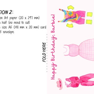 May include: A printable card with instructions to fold a piece of A4 paper in half to create a card. The card features a variety of pink and yellow clothing items, including a dress, a top, pants, and shoes. The text "Happy Birthday, Barbie!" is written on the right side of the card.