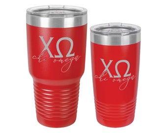 Chi Omega Greek Letters With Script Engraved Tumbler, ChiO, Big Little Gift, CO, Recruitment, Initiation, Greek Drinkware