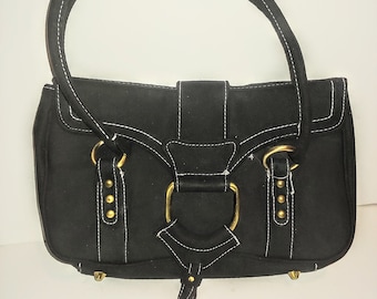 VINTAGE BLACK LEATHER Shoulder Bag With Gold Accents