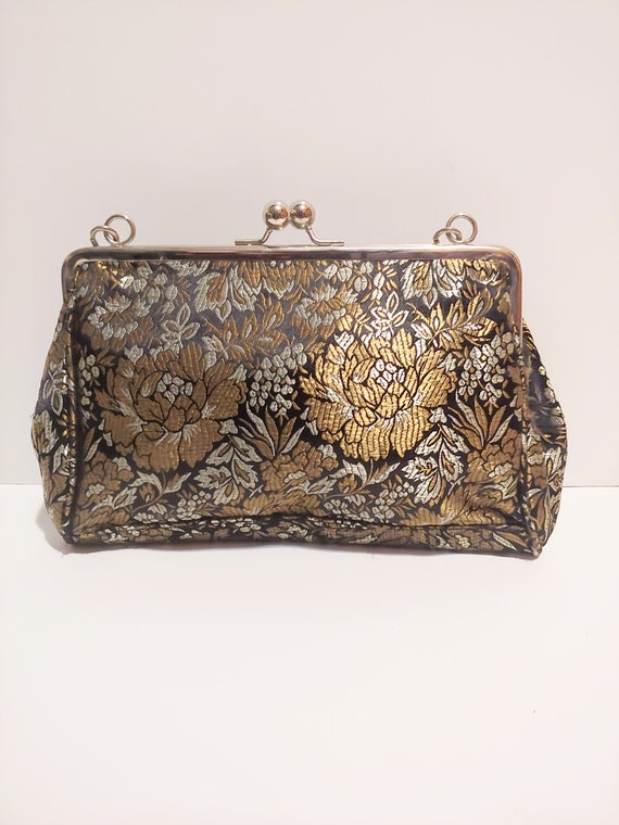 VINTAGE BLACK & GOLD Floral Evening Handbag W/ Sil