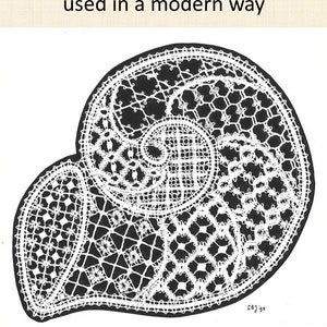 May include: A black and white image of a delicate lace design, featuring intricate patterns and motifs. The lace is described as "Fillings from old Brussels Lace and Honiton lace used in a modern way." The design is attributed to Lia Baumeister-Jonker, Amsterdam 1993.