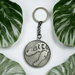 Dinosaur Skull Metal Keychain | Engraved T-Rex, Fossil Pendant Key Ring | Prehistoric Gift for Him Her | Bronze or Silver Finish