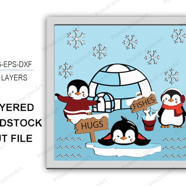 PENGUINS Playing 3D Box, Penguins Playing Shadow Box svg 3D Layered Svg Light Box Svg Cricut Files Light Box, Cardstock Svg, Christmas Svg