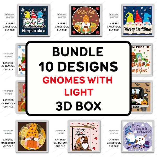Gnomes bundle 3D Box Gnomes Shadow Box svg Christmas 3D Layered Svg Light Box Svg 3D Box Cricut Files Light Box paper cut Decor Home svg