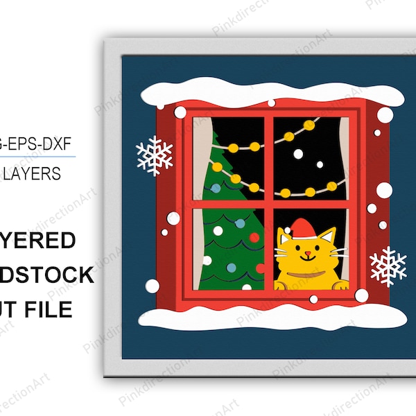 Cat at Window Christmas 3D Box Merry Christmas Shadow Box 3D Layered Svg Light Box Svg Cat at Window Christmas 3D Box Cricut Files Light Box