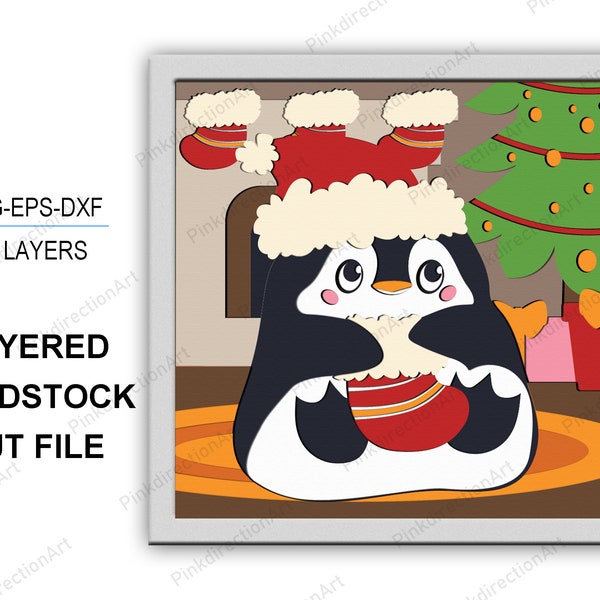 Penguin Christmas 3D Box, Penguin Christmas Shadow Box svg 3D Layered Svg Light Box Svg Cricut Files Light Box, Cardstock Svg, Penguin svg