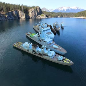 以下が含まれることがあります： 暗い水面に浮かぶライトブルーとタンカラーの軍艦モデルのコレクション。各艦艇には詳細な甲板、レーダー機器、ヘリパッドが備わっています。手前には大型のフリゲート艦、奥には小型の艦艇が配置され、森林に覆われた海岸線に向かって隊列を組んでいます。