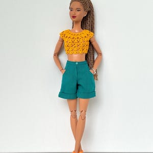 Linen shorts and crocheted summer top for 11’ doll, doll clothing, barbie clothes, doll clothes realistic