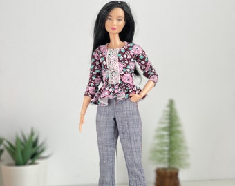 Flare jeans and Top  for 1/6 scale doll, barbi jeans, doll fashion, denim for dolls,  doll clothes