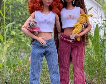 Handgemaakte poppenkleertjes schaal 1/6, fluwelen flare-jeans, set topje en riem