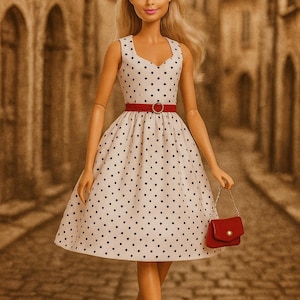Beautiful vintage dress for fashion doll with a belt and a handbag, doll clothing, barbie dress, barbie clothes, doll clothes realistic