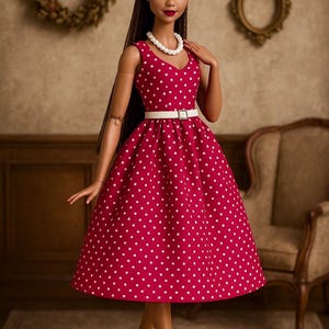 Beautiful vintage dress for fashion doll with a belt and necklace, doll clothing, barbie dress, barbie clothes, doll clothes realistic