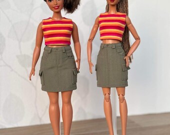 Denim skirt  for 1/6 scale doll and a stretch top, barbie clothes, doll fashion, denim for dolls,  doll clothes