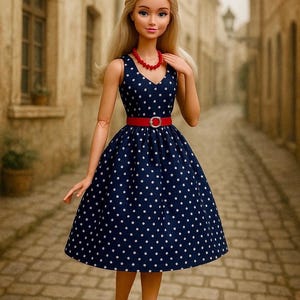 Beautiful vintage dress for fashion doll with a belt and necklace, doll clothing, barbie dress, barbie clothes, doll clothes realistic