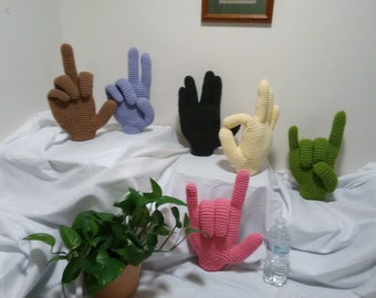 Decorator Pillow ASL Soft Sculpture  Large Hand Pillow  Room Decor  Hand Gesture Crochet Hand Throw Pillow