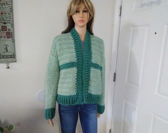 CHUNKY Bomber Style Crocheted Jacket  2 Shades of Green Cropped Cardigan Open Front Casual Jacket