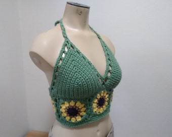 Hand Made Sunflower Crop Top/Hippie/Boho/Summer Top/ Festival CropTop/Bralette Green, Rust,Orange, White , Med. Blue, or Black READY TO SHIP