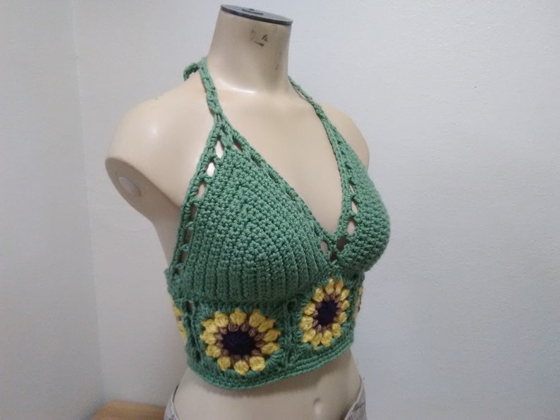 Hand Made Sunflower Crop Top/Hippie/Boho/Summer Top/ Festival CropTop/Bralette Green, Rust,Orange, White , Med. Blue, or Black READY TO SHIP image 1