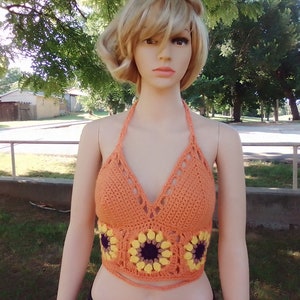 Hand Made Sunflower Crop Top/Hippie/Boho/Summer Top/ Festival CropTop/Bralette Green, Rust,Orange, White , Med. Blue, or Black READY TO SHIP image 9